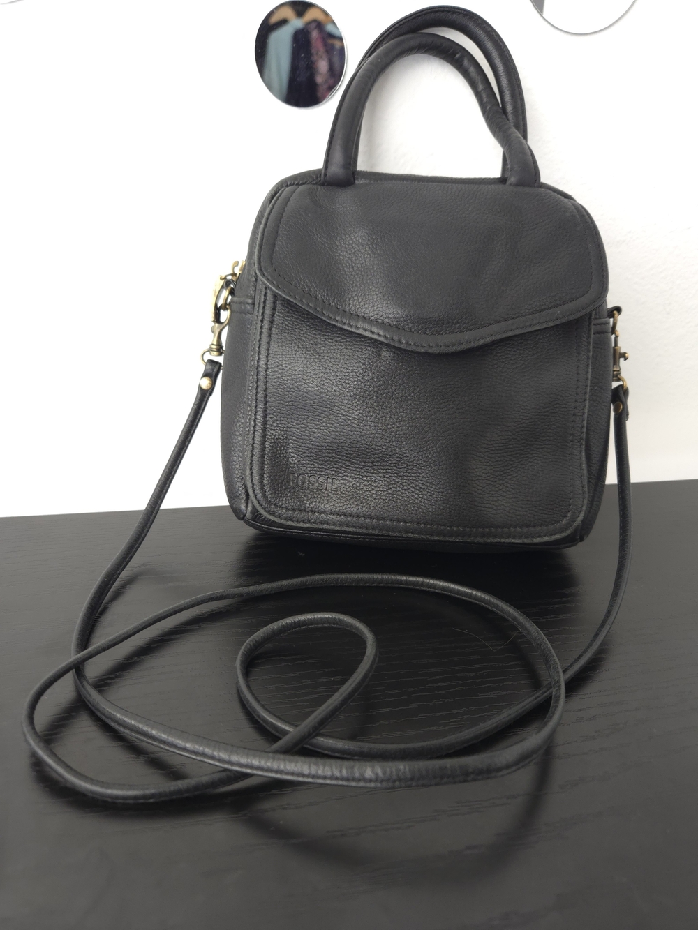 Fossil Classic Vintage Black Pebbled Leather Top-Handle Crossbody Bag Made USA